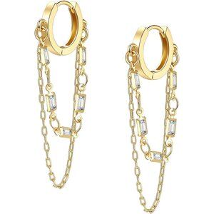 Women's Gold Tassel Chain Small Dangle Earring  Zirconia With Copper Clutchless